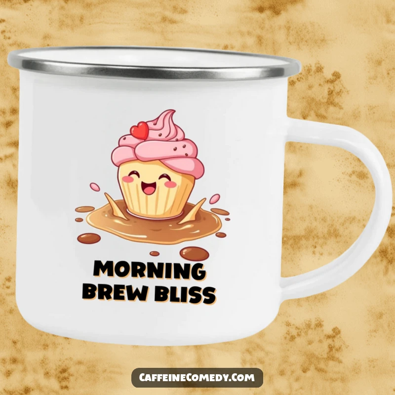 Funny Cupcake Camping Mug: A cupcake splashing in coffee enjoys the outdoors, perfect for sweet sips, a funny gift.