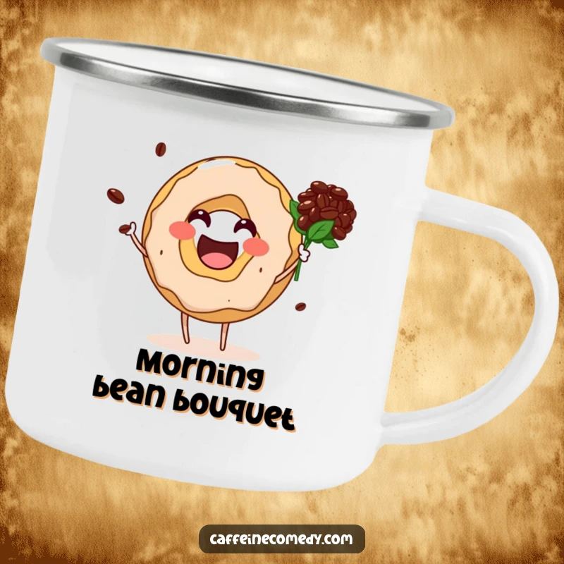 Funny donut hole character presenting a coffee bean bouquet on a sturdy camping mug for outdoor use.