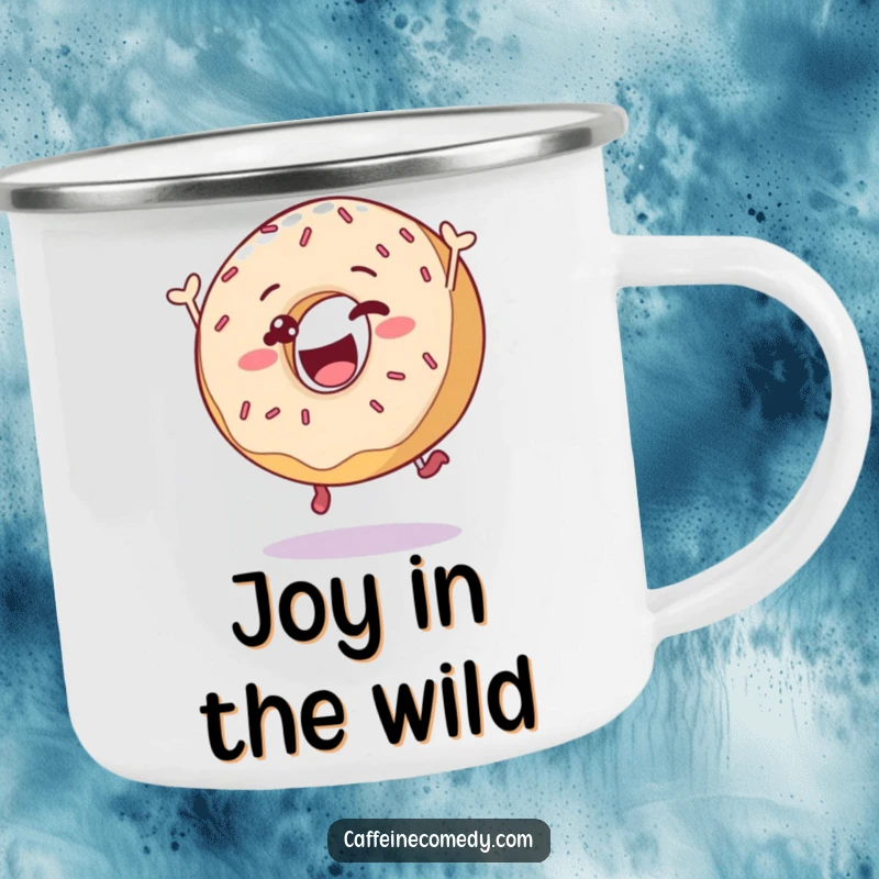 Funny delighted donut character leaping with sprinkles, on a rugged camping mug for outdoor enjoyment and sweet humor.