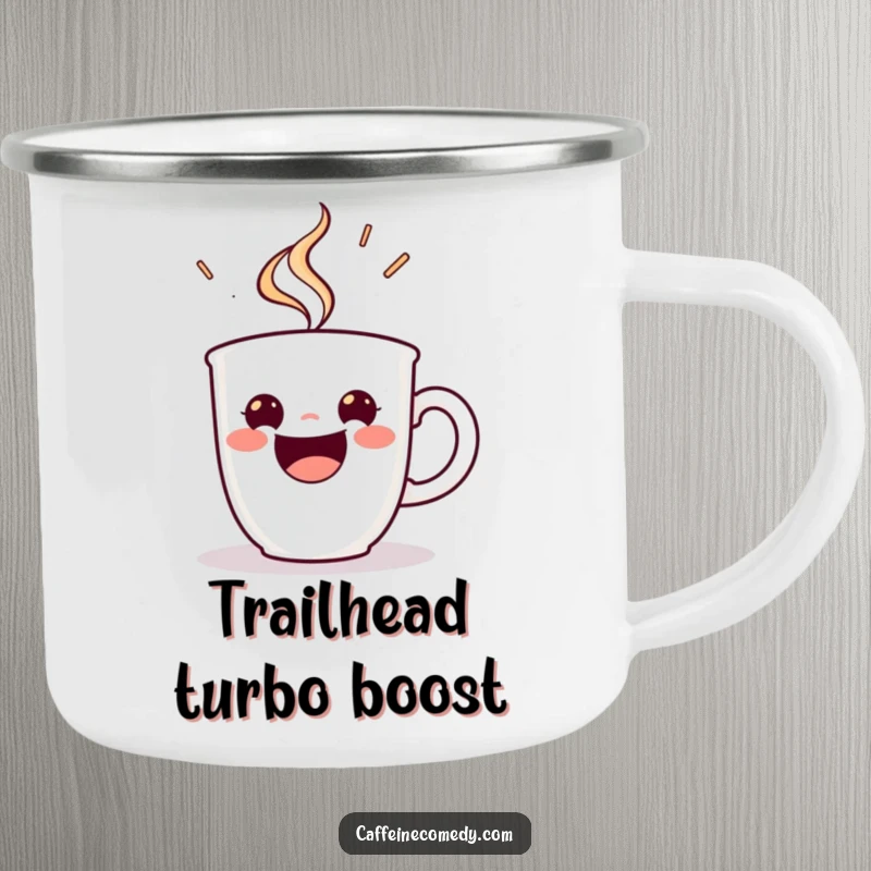 Funny camping mug with a beaming espresso cup character steaming with energetic delight, ideal for cheerful outdoor coffee moments.