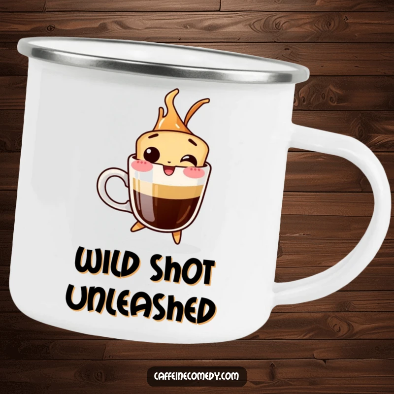 Funny camping mug depicting a giggling espresso shot jumping out of a cup, perfect for outdoor adventures.