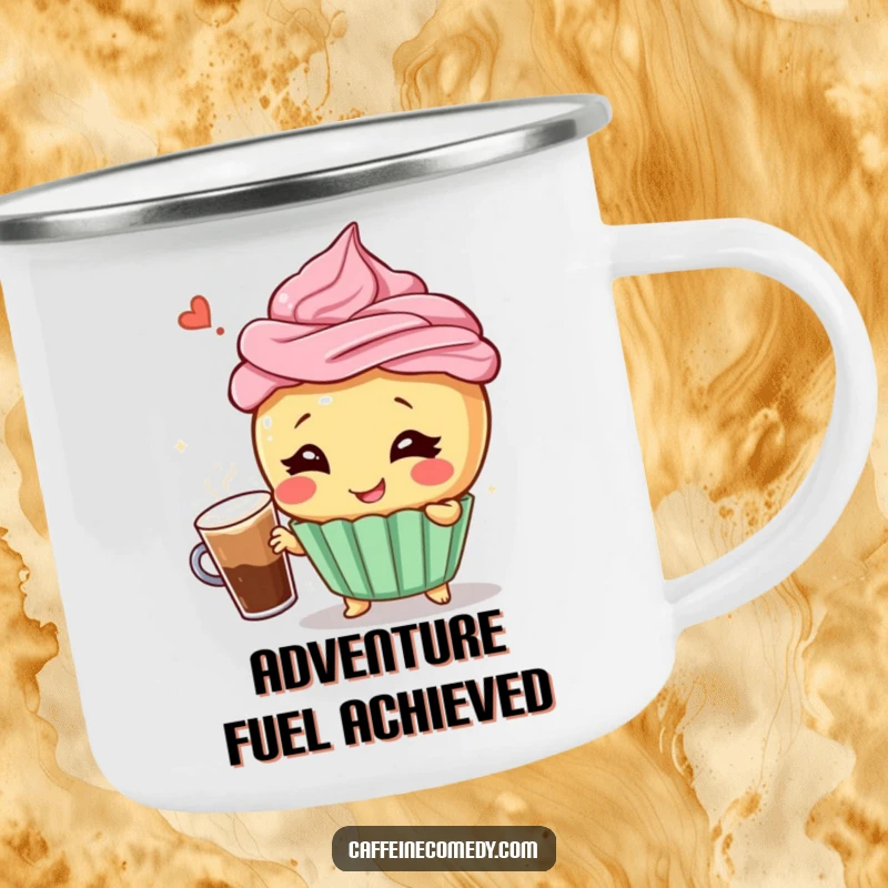 Funny enamel camping mug featuring a giggling cupcake character in a dramatic pose with a frothy coffee, perfect for outdoor use.