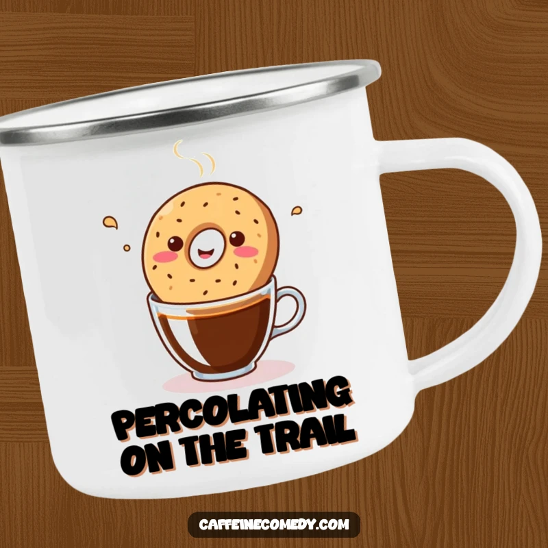 Funny kawaii bagel bopping in a coffee mug, printed on a durable enamel camping mug for outdoor enjoyment.