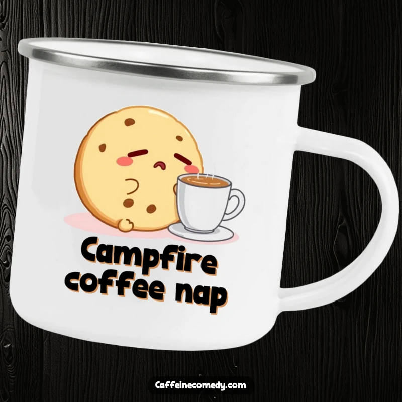 Funny Kawaii Cookie Espresso Camping Mug: A sleepy cookie character yawns beside espresso, perfect for outdoor drinks with humor.