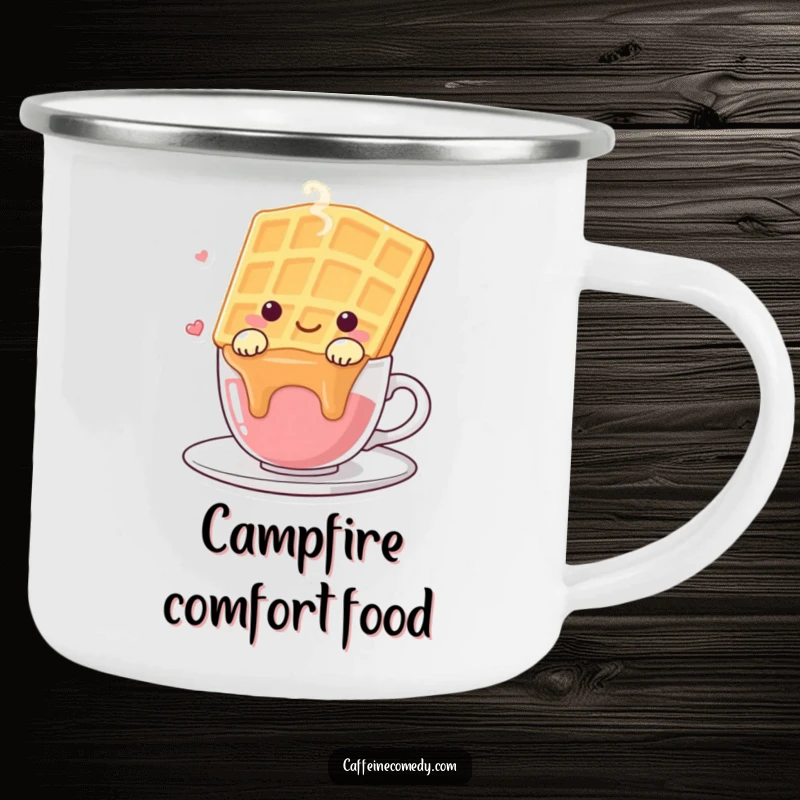 Funny kawaii waffle character happily draped over a steaming cup, on a durable camping mug for outdoor fun.