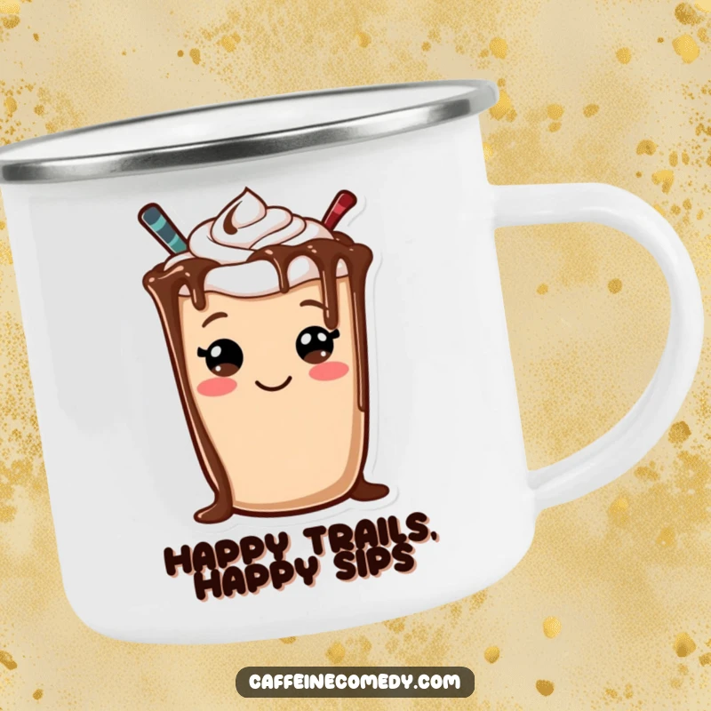 Funny camping mug featuring a cheerful mocha character with a chocolate drizzle smiley face, for happy outdoor drinking.