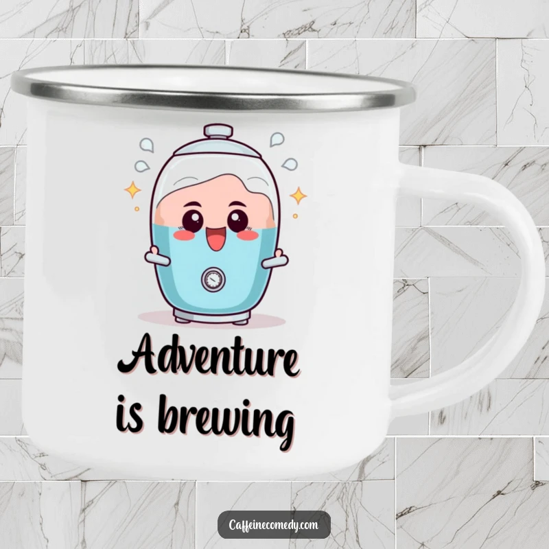 Funny camping mug featuring a determined percolator character, actively bubbling with excitement, perfect for outdoor coffee brewing.