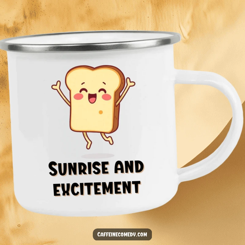 Funny camping mug showing a surprised piece of toast character jumping, perfect for adding a humorous and exciting touch to outdoor coffee breaks.