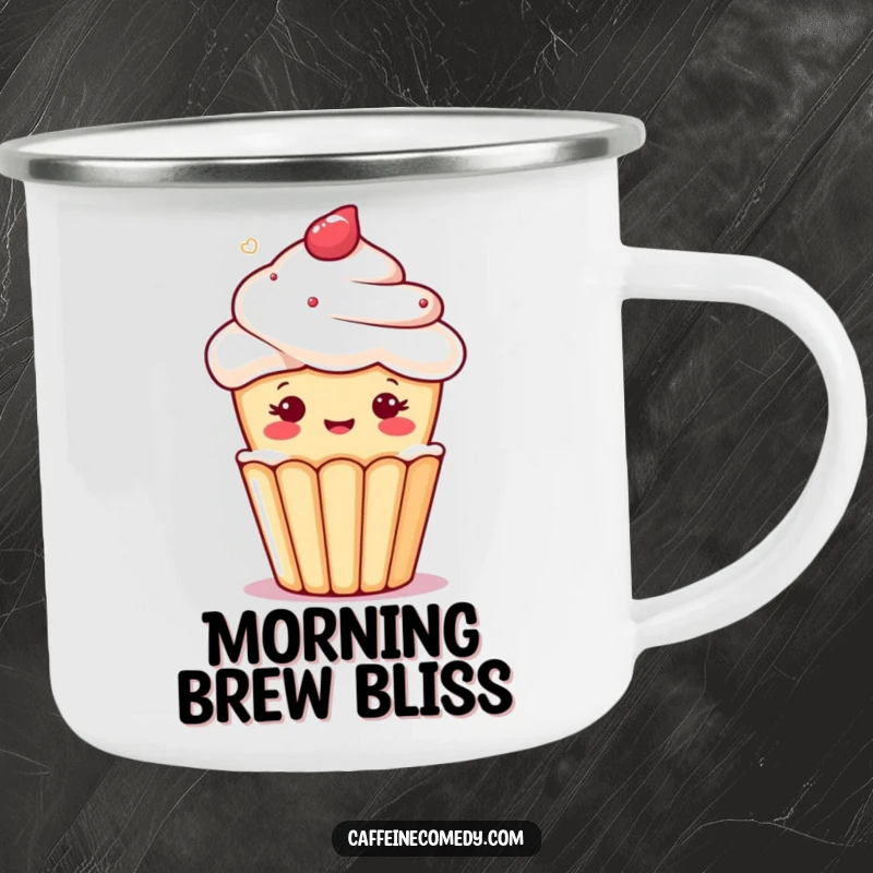 Funny kawaii cupcake character winking from a foamy brew, on a durable camping mug for outdoor enjoyment.