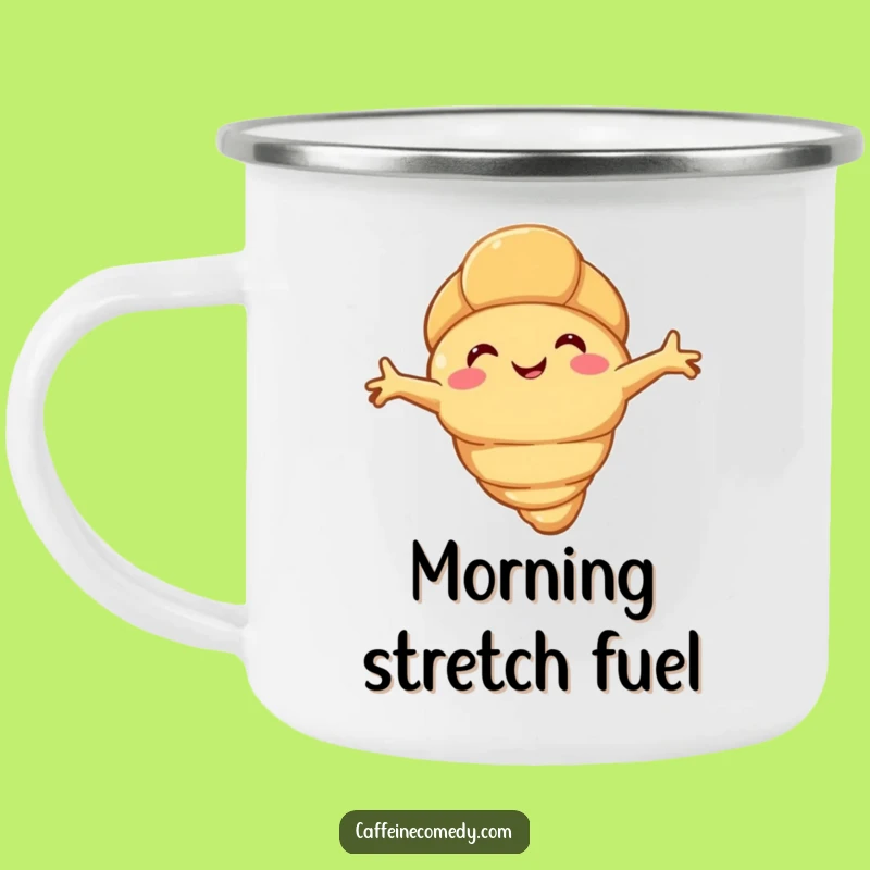 Funny Croissant Stretch Camping Mug: Happy Flaky Character for Cozy Outdoors