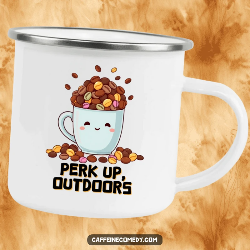 Funny camping mug with a cheerful mug overflowing with colorful coffee beans, perfect for outdoor coffee enjoyment.