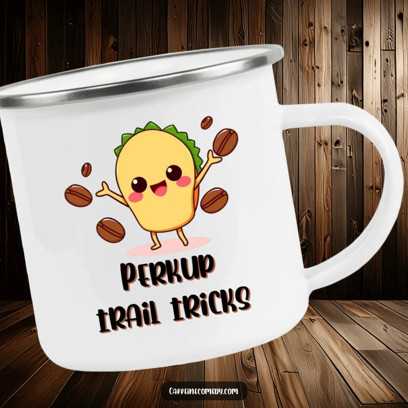 Funny Kawaii Taco Juggling Coffee Camping Mug: Rugged mug featuring a taco juggling coffee beans, perfect for outdoor adventures and humor. A robust funny gift.