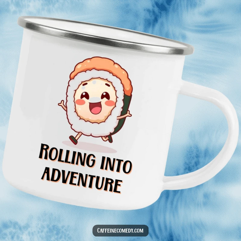 Funny sushi roll character joyfully rolling, depicted on a rugged camping mug for outdoor adventures and humorous sips.