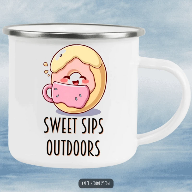Funny donut character winking while sipping a giant coffee cup, sturdy enamel mug for cheerful camping coffee moments.