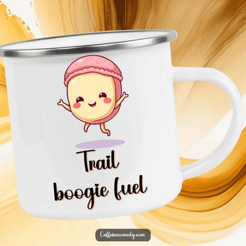 Funny Macaron Camping Mug: A playful macaron character dancing by a campfire, combining outdoor fun and humor.