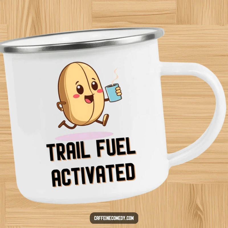 Funny Kawaii coffee bean character sprinting with a steaming mug, perfect for outdoor adventures on this sturdy camping mug.