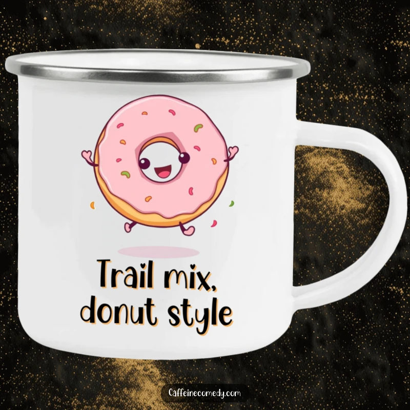 Funny camping mug showing a playful donut character spinning, perfect for adding a sweet and humorous touch to outdoor coffee breaks.