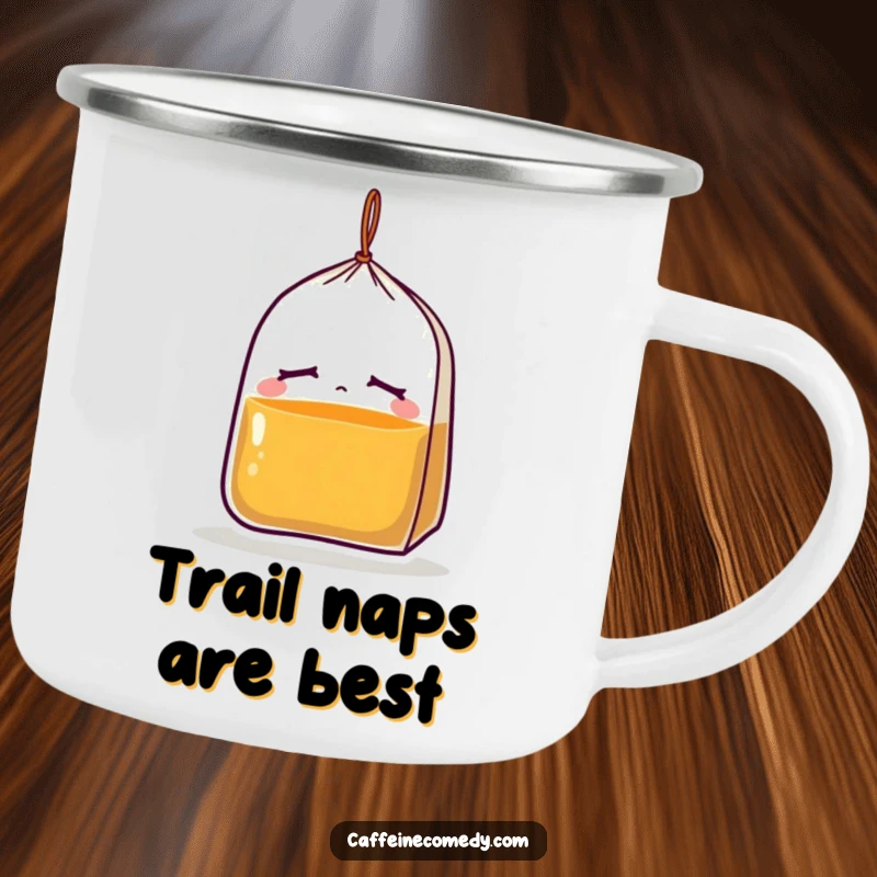 Funny camping mug featuring a sleepy tea bag character, perfect for outdoor adventures and enjoying warm drinks with a humorous touch.