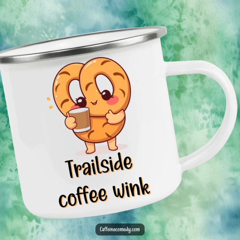 Funny enamel camping mug featuring a curious pretzel character offering a coffee cup with a friendly wink, perfect for outdoor use.