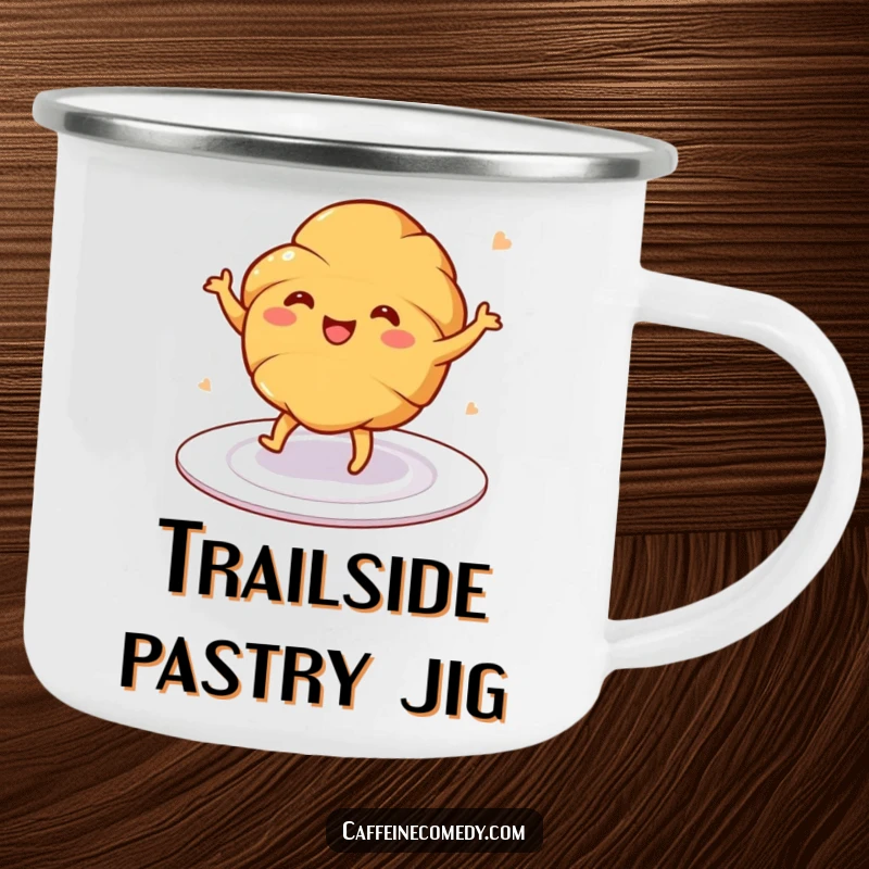 Funny camping mug showing a cheerful croissant dancing on a plate, perfect for outdoor adventures.