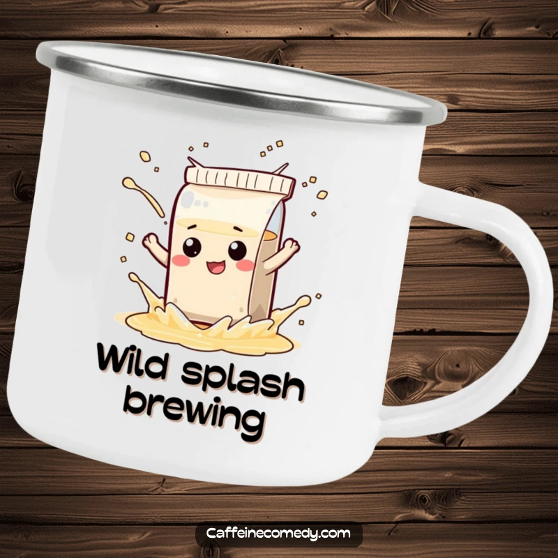 Funny camping mug with a mischievous tea bag character playfully splashing, perfect for outdoor enthusiasts who love humor.