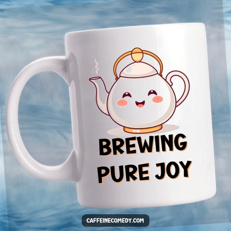 Funny Kawaii Teapot Mug: A smiling teapot happily pours a steamy stream, bringing warmth and humor to every sip.