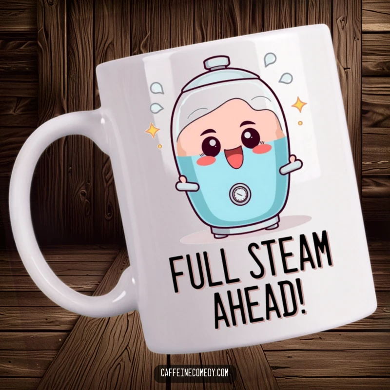 Funny coffee mug featuring a determined percolator character actively bubbling with excitement and readiness to brew.