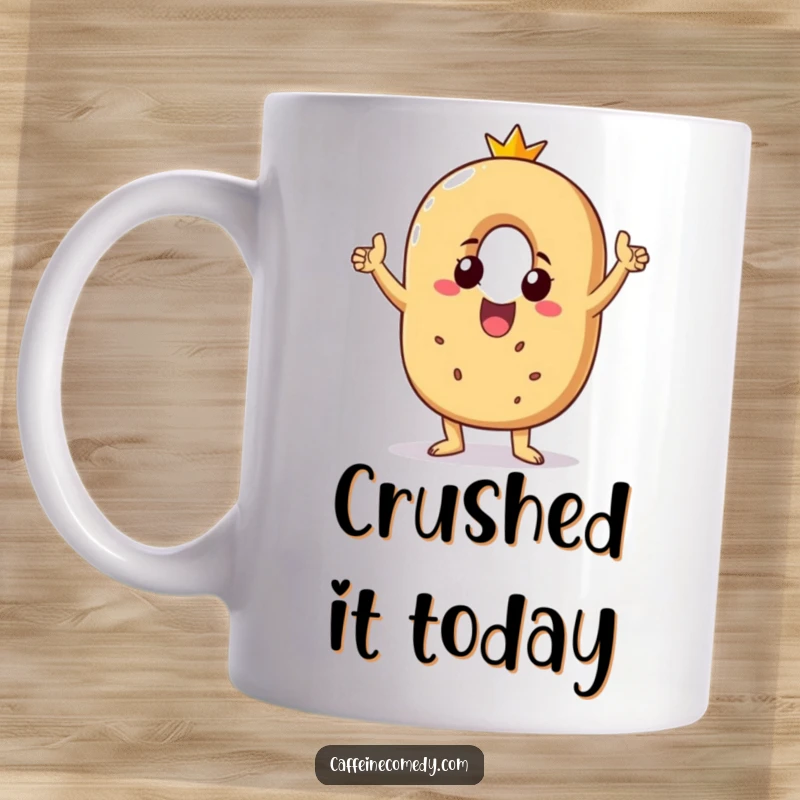 Funny bagel character mug, beaming and doing a joyful victory dance, radiating happiness and celebration.
