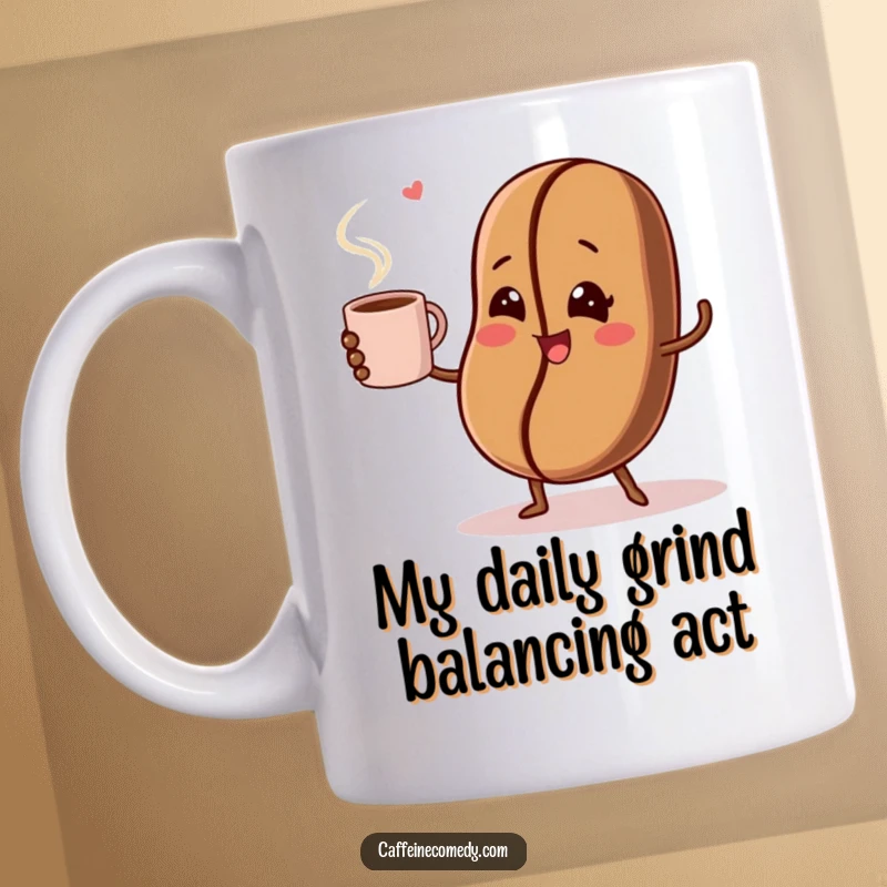 Funny coffee mug with a winking animated coffee bean skillfully juggling a hot, steaming coffee cup, perfect for morning laughs.