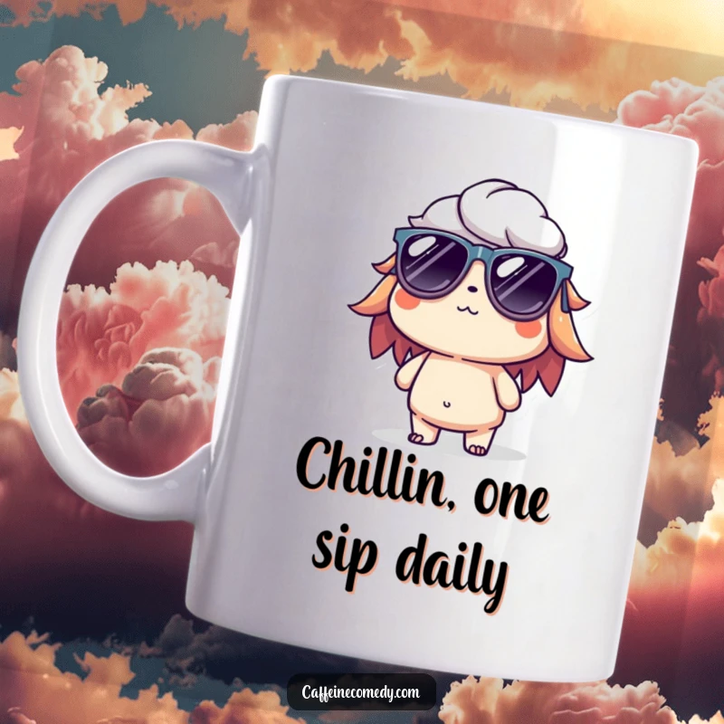 Funny cold brew coffee mug featuring a relaxed character in tiny sunglasses, radiating cool vibes and a chill attitude.
