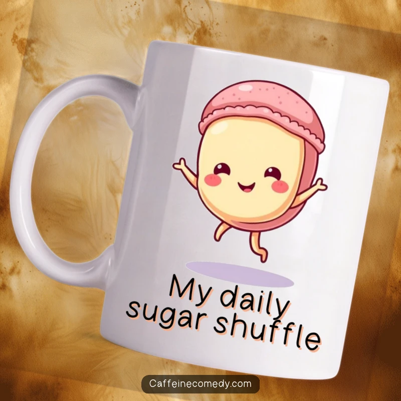 Funny Macaron Mug: A cute, playful macaron character happily doing a tiny dance with a big smile.