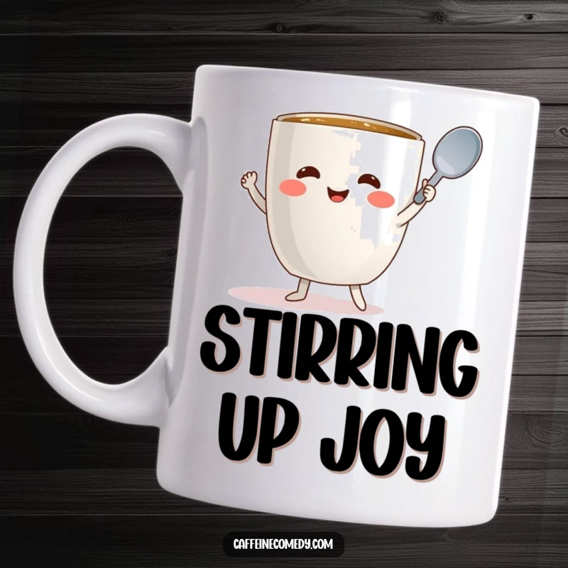 Funny coffee mug character happily dancing with a spoon, celebrating the joy of hot beverages.