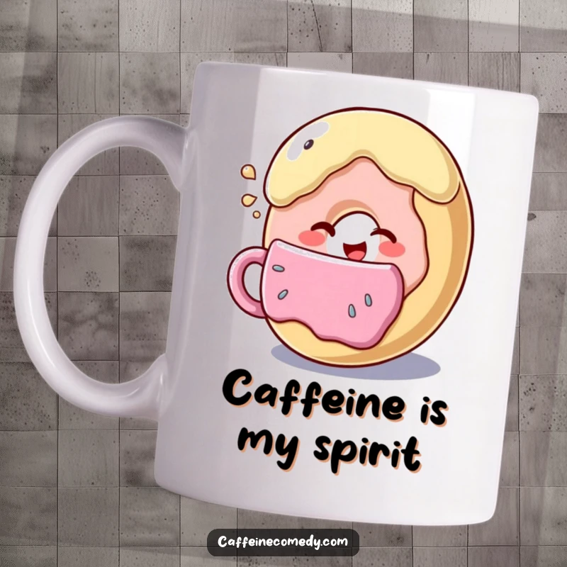 Funny smiling donut character winking while sipping from a giant coffee cup, delightful and humorous morning beverage companion.