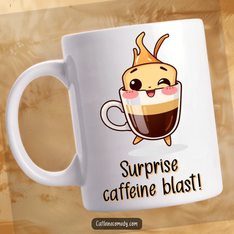 Funny mug featuring a giggling, energetic espresso shot character jumping out of its cup, perfect for coffee lovers.
