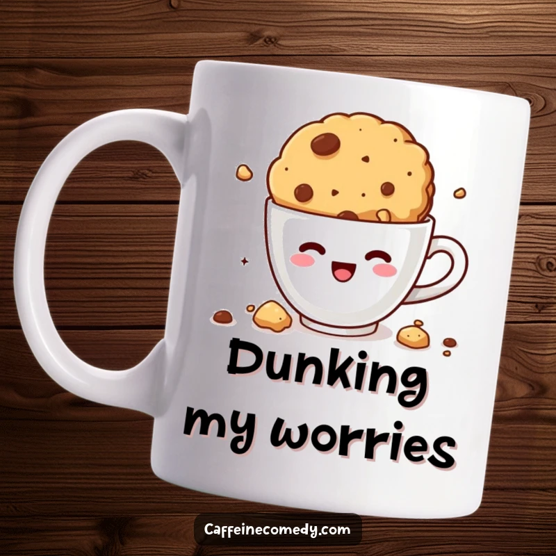 Funny kawaii cookie crumbles with delight diving into a coffee, on a mug, perfect for coffee and cookie lovers.