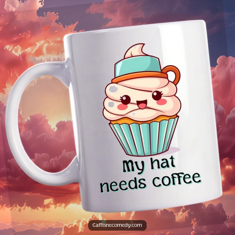 Funny Kawaii cupcake character wearing a miniature coffee mug as a hat, looking sweet and ready for a caffeine boost.