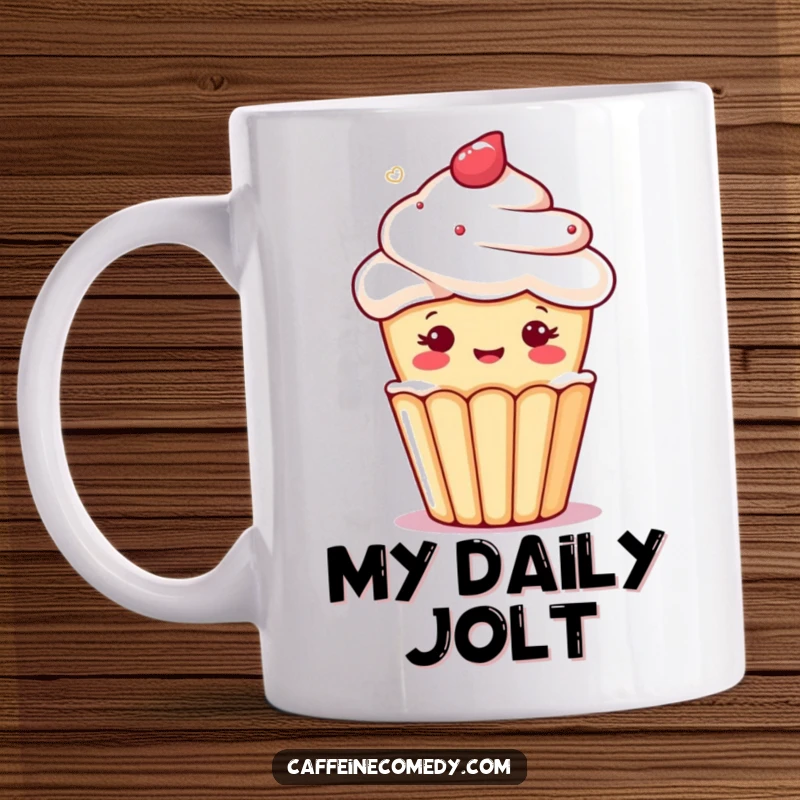 Funny kawaii cupcake character winking playfully from a mug filled with foamy coffee or tea.