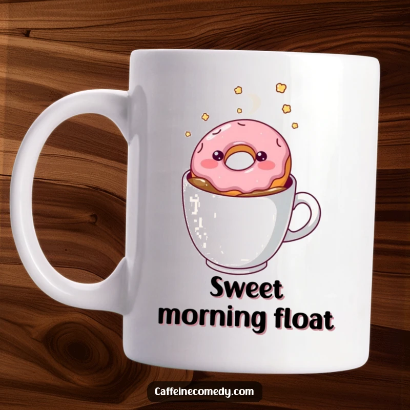 Funny kawaii smiling doughnut floating dreamily in a mug of coffee, on a mug, perfect for coffee and donut lovers.
