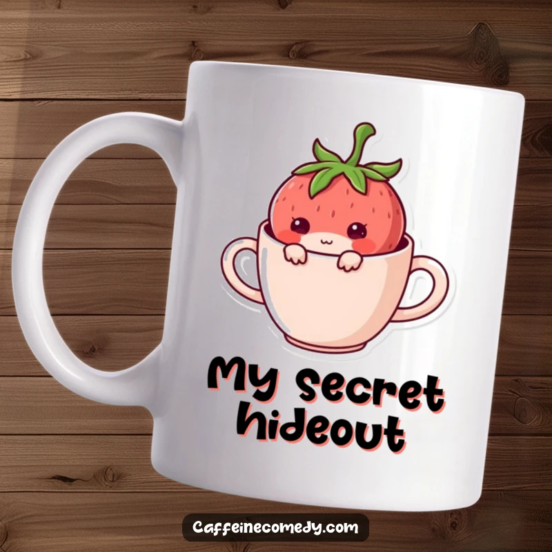 Funny Kawaii Strawberry Mug: A mischievous strawberry character peeking from inside a coffee mug, full of cute charm.