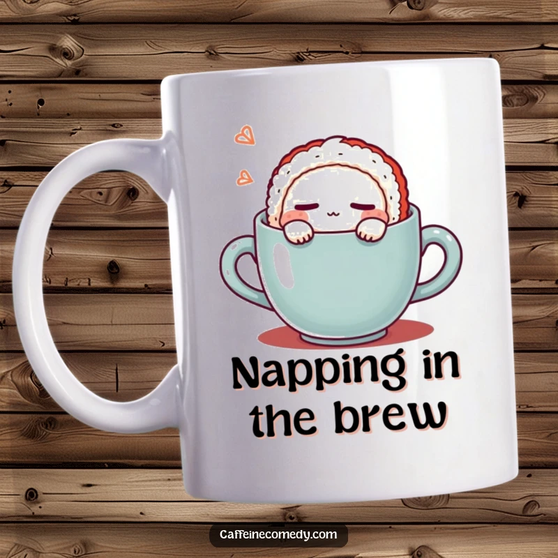 Funny Kawaii Sushi Coffee Mug: Adorable sushi character peacefully napping inside a coffee mug, bringing sleepy humor. A delightful funny gift for sushi lovers.