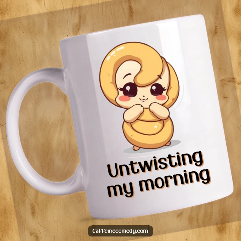 Funny pretzel mug featuring a curious pretzel character comically unraveling itself, symbolizing life's interesting detours.