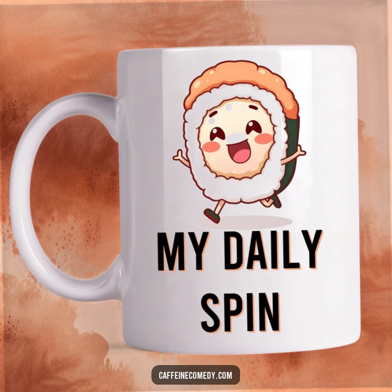 Funny sushi roll character joyfully rolling along, spreading happiness and breakfast cheer on a ceramic mug.