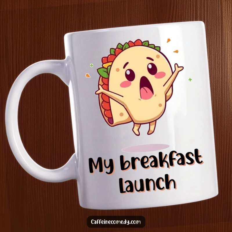 Funny mug featuring a surprised taco character mid-cartwheel, with its delicious fillings spectacularly flying out. A fiesta of fun.