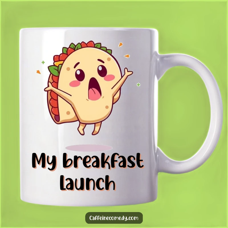 Funny Taco Cartwheel Mug: Surprised Character's Messy Flip, Hilarious Gift!