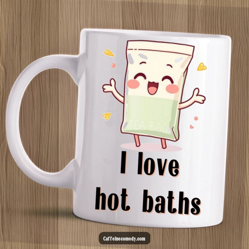 Funny mug showing a playful tea bag character enthusiastically dunking itself into hot water, ready for a perfect brew.