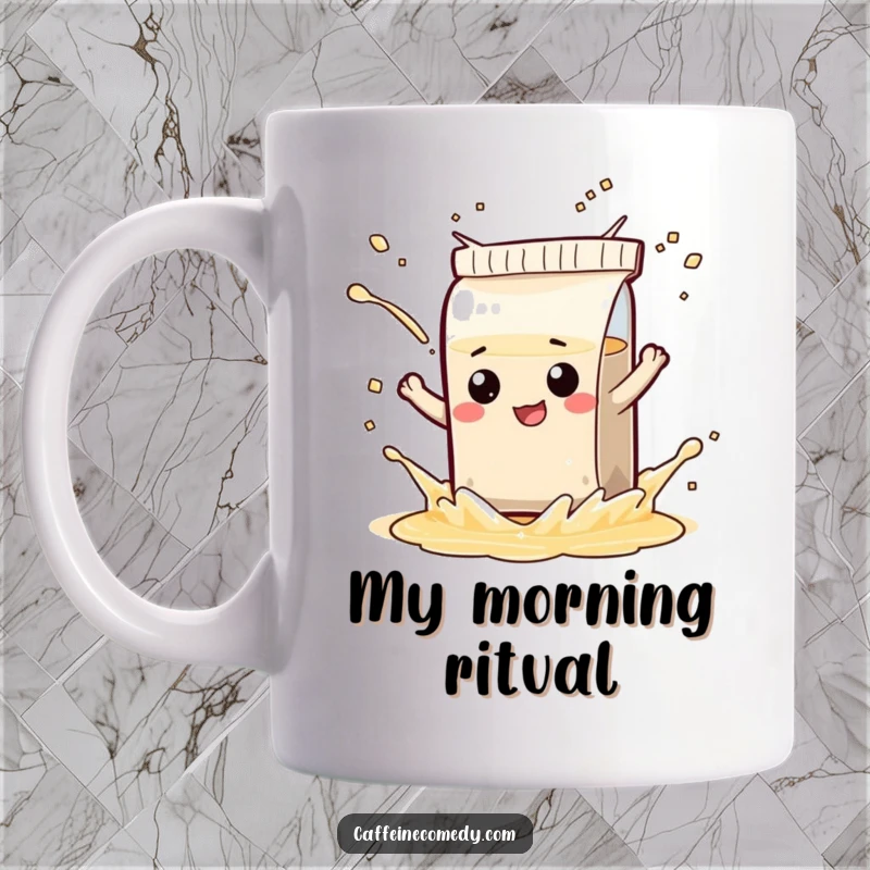 Funny tea bag character mug, playfully splashing hot tea with a mischievous grin, perfect for humor lovers.