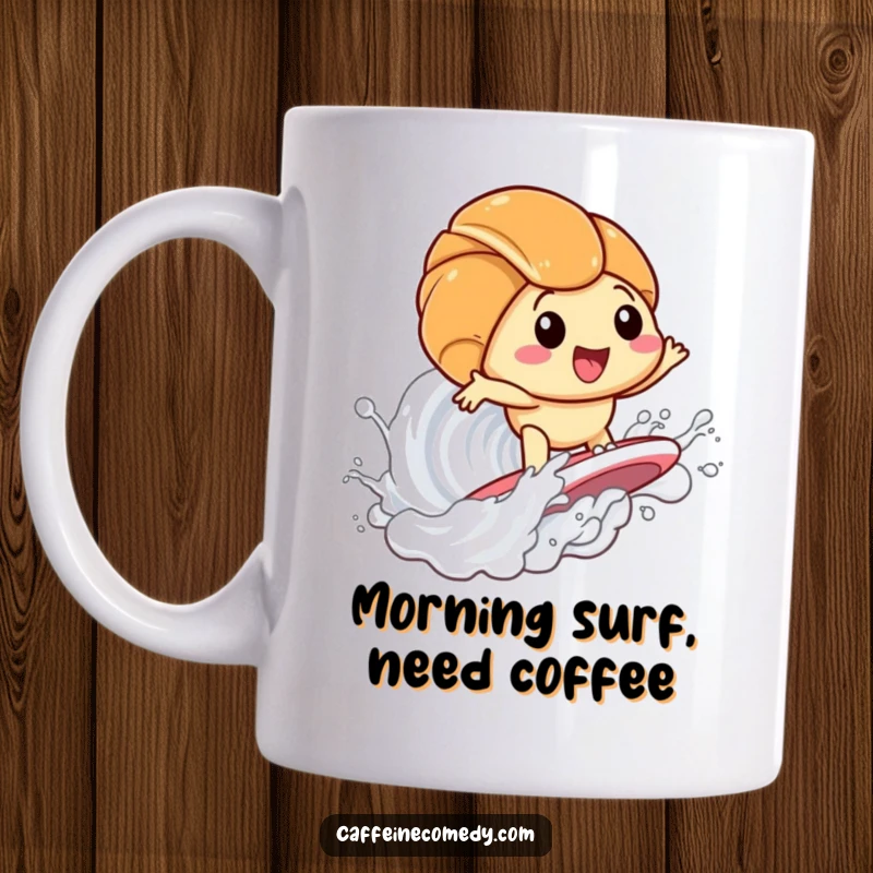 Funny Kawaii Croissant Surfing Milk Mug: Cute pastry character riding a milk wave with joy, perfect for breakfast lovers. A humorous and delightful gift.