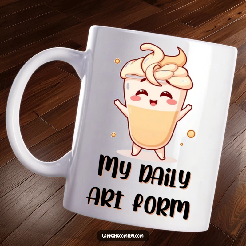 Funny mug depicting a giggling latte character performing a fancy swirl motion, celebrating coffee and laughter.