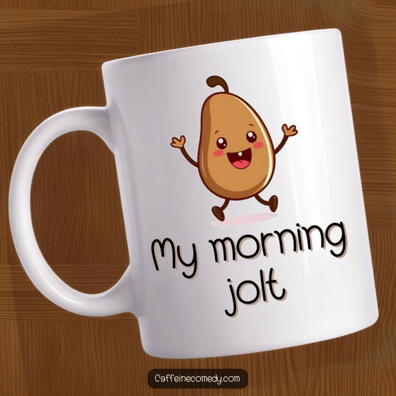 Funny mug featuring a grinning coffee bean character performing an energetic, joyful jig, embodying the spirit of morning energy.