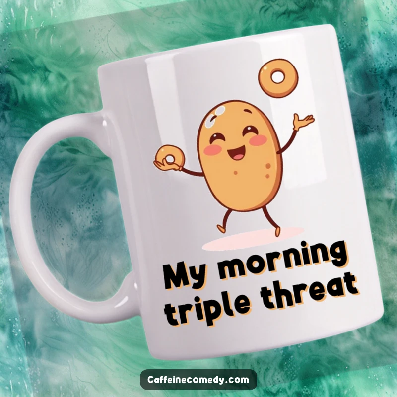 Funny coffee mug featuring a cheerful coffee bean enthusiastically juggling three tiny bagels, spreading morning cheer and laughter.